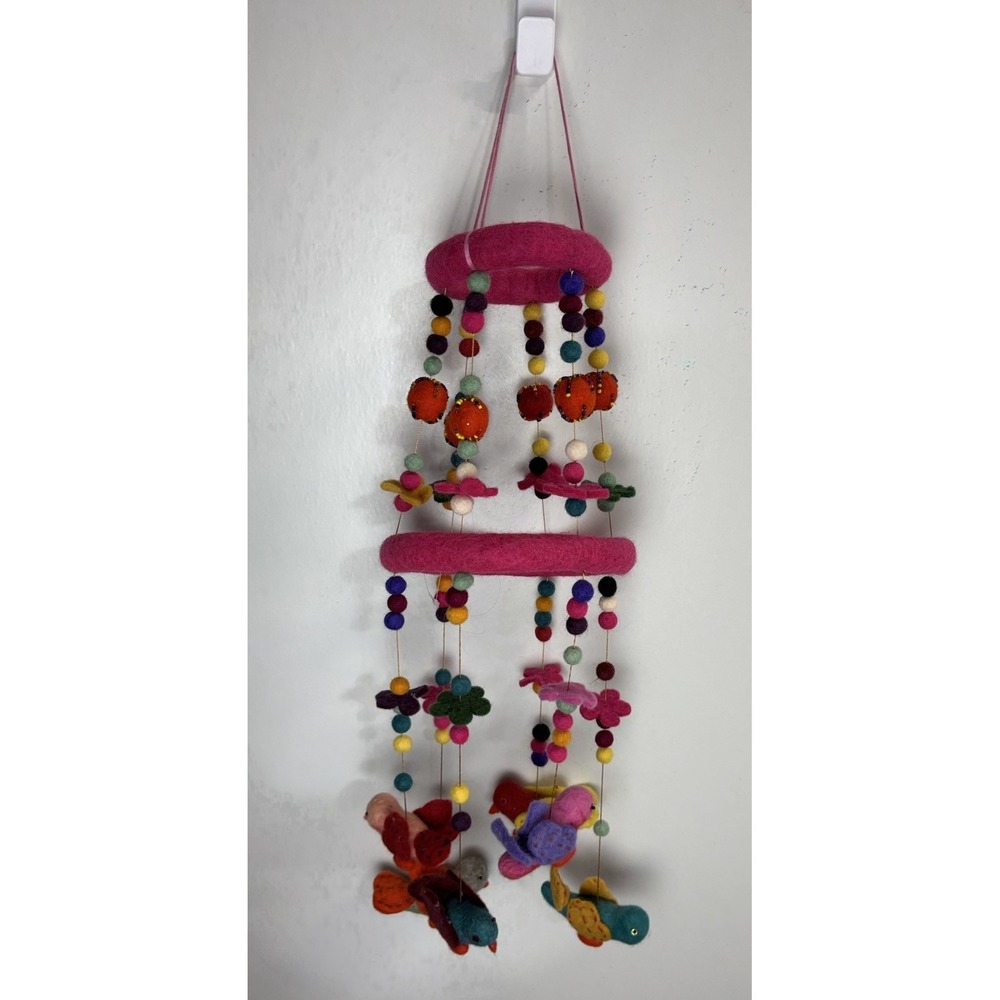 Felted Bird Mobile Colorful Whimsical Artsy Maximalist Double Tiered